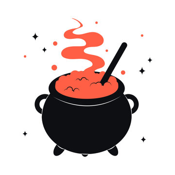 Cauldron with red witch poison. Scary Devils Cauldron Halloween Decoration. Vector cute illustration of black witch pot in trendy colors for postcard, flyer, banner. Happy Halloween.