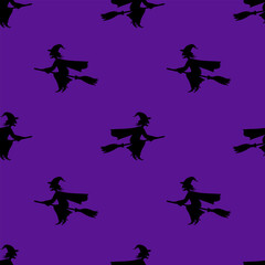 Seamless pattern with silhouettes of witches flying on broomsticks. Halloween background.