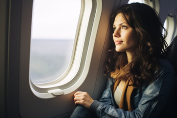 The portrait of a lonely female traveler sitting in an airplane seat while looks at the view outside the small window, Generative AI.