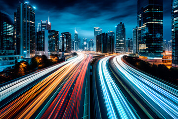 Fototapeta na wymiar Long-exposure photograph capturing a bustling highway or main street in a contemporary or futuristic urban setting.