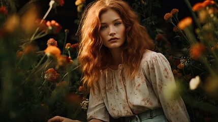 Model in a relaxed pose among an eclectic mix of wildflowers. Achieve a boho-chic ambiance.