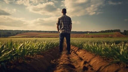 A farmer inspects his field, rear view. - obrazy, fototapety, plakaty