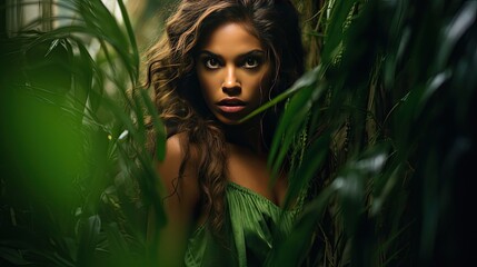 Model with a fierce expression, surrounded by dense tropical foliage. Focus on the raw emotion and vibrant green hues