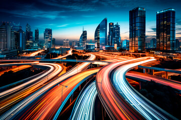 Fototapeta na wymiar Long-exposure photograph capturing a bustling highway or main street in a contemporary or futuristic urban setting.