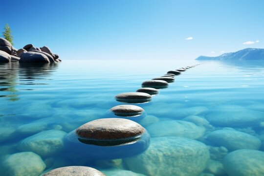 Zen concept stepping stones gently placed in serene, azure water
