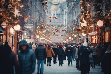 A blurry crowd of unrecognizable people on a winter christmas street. crowd of people in a shopping...