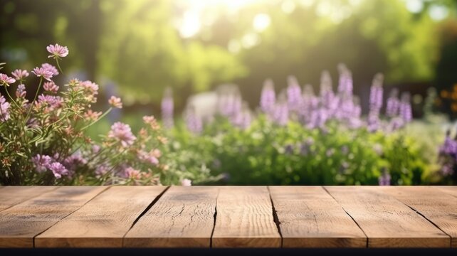 The empty wooden table top with blur background of English garden. Generative AI image AIG30.