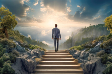 businessman ascending a staircase toward the sky, symbolizing his journey to success and career advancement. - obrazy, fototapety, plakaty