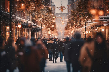 A blurry crowd of unrecognizable people on a winter christmas street. crowd of people in a shopping...