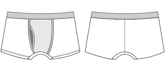 Men's boxer brief underwear front and back view flat sketch fashion illustration, Gents trunk under garments vector template - obrazy, fototapety, plakaty
