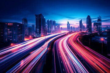 Fototapeta premium Long-exposure photograph capturing a bustling highway or main street in a contemporary or futuristic urban setting.