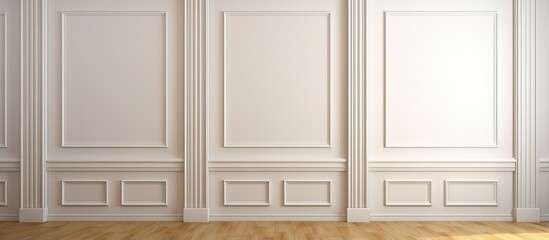 A house with white walls doors and beige laminate floor in an empty narrow hallway