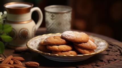 Arabic cuisine; cookies to celebrate the Islamic holiday of El Fitr, which occurs after Ramadan. Yummy classic biscuits served with milk and a cup of tea