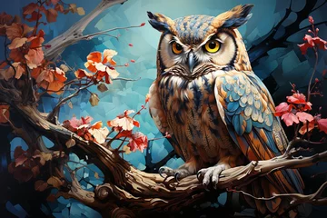 Gartenposter Eulen-Cartoons mysterious owl perched on a moonlit branch