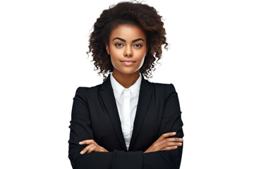 cute african american business woman in black suit and cross arms on transparent background