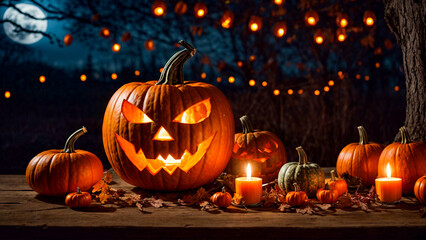 Fototapeta premium pumpkin head jack lantern with burning candles, Spooky Forest with a full moon and wooden table, Pumpkins In Graveyard In The Spooky Night raytraced,