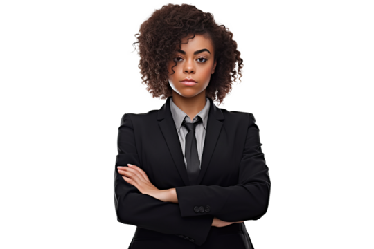cute african american business woman in black suit and cross arms on transparent background