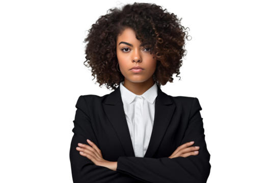 cute african american business woman in black suit and cross arms on transparent background
