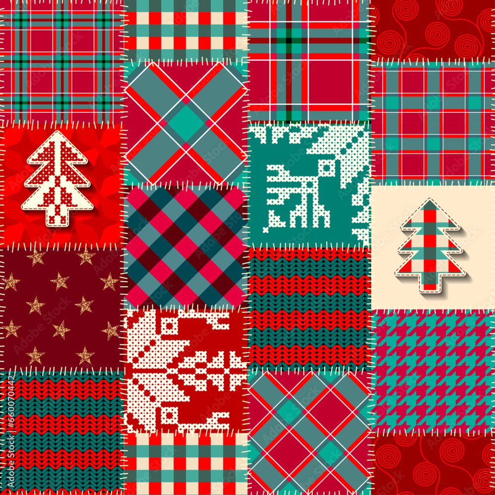 Poster patchwork textile pattern. seamless quilting design background. merry christmas cozy pattern.