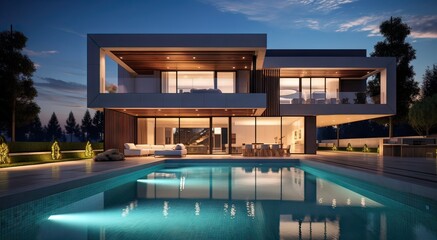 minimalist villa with swimming pool of modern architecture at sunset - obrazy, fototapety, plakaty