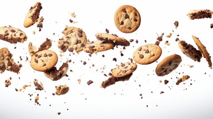 Broken chocolate and vanilla chip cookies falling over a white background with a clipping path, a...