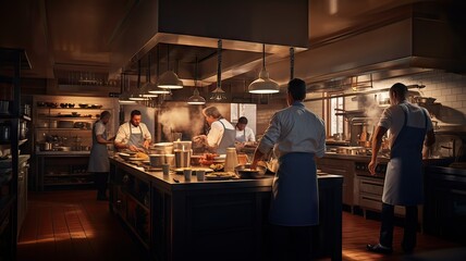 restaurant kitchen, all the chefs creating the best dishes, food concept