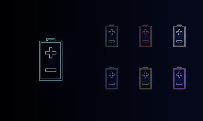 A set of neon battery symbols. Set of different color symbols, faint neon glow. Vector illustration on black background