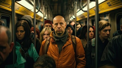 bald white man with serious attitude in subway crowd, transport concept