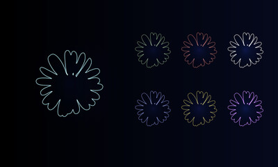 A set of neon chamomile flowers. Set of different color symbols, faint neon glow. Vector illustration on black background