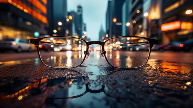 Pair of eye glasses sitting on a wet road in a urban city with bokeh lights in rainy evening