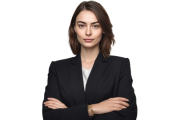 cute business woman in black suit and cross arms on transparent background