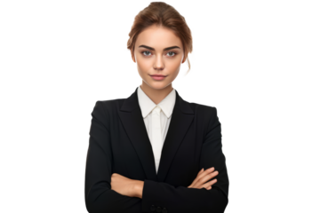 cute business woman in black suit and cross arms on transparent background