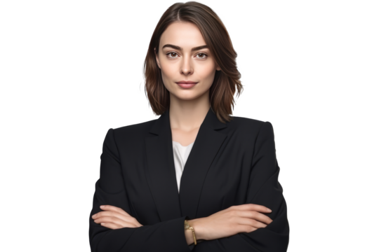 cute business woman in black suit and cross arms on transparent background