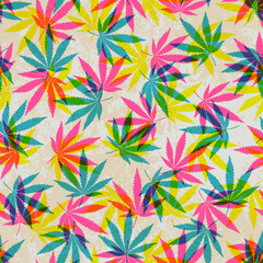 Fototapeta premium Marijuana inspired design. Reggae background with cannabis leaves. Geometric vintage risograph style.
