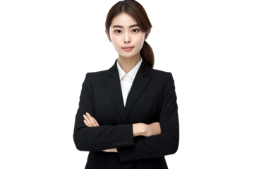 cute asian business woman in black suit and cross arms on transparent background