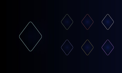 A set of neon diamonds. Set of different color symbols, faint neon glow. Vector illustration on black background