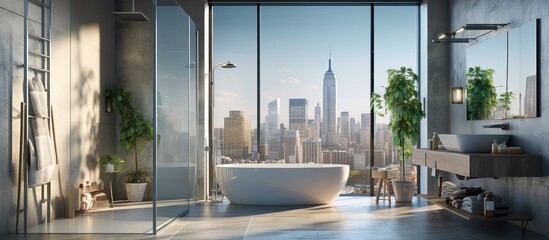a light filled room with glass box containing sinks and shower side view ladder on concrete floor and panoramic window overlooking skyscrapers - obrazy, fototapety, plakaty