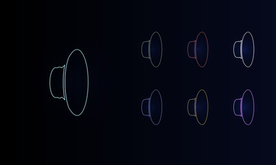 A set of neon speaker symbols. Set of different color symbols, faint neon glow. Vector illustration on black background