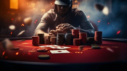 High Stakes Drama: Closeup on Poker Players' Hands. Generative ai - obrazy, fototapety, plakaty