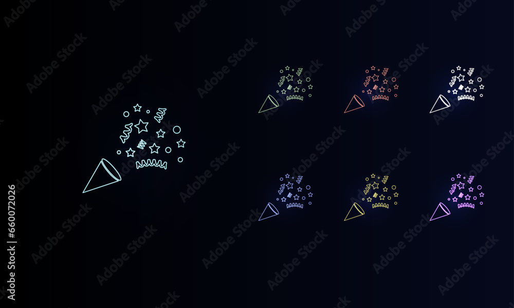 Poster a set of neon exploding party poppers. set of different color symbols, faint neon glow. vector illus