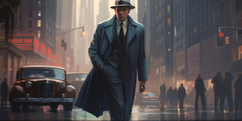 Create cinematic vintage gangster shot in dimly lit NYC street. - obrazy, fototapety, plakaty