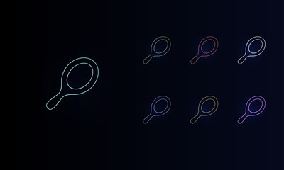 A set of neon tennis symbols. Set of different color symbols, faint neon glow. Vector illustration on black background