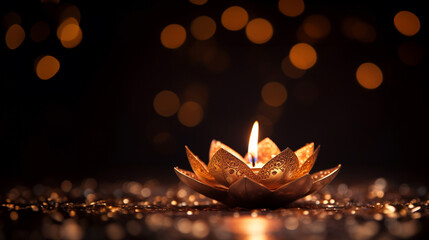 A Beautiful lit Diya in an ornate gold lotus stand against a black and with gold bokeh background with copy space