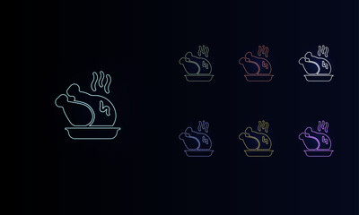 A set of neon roasted turkeys. Set of different color symbols, faint neon glow. Vector illustration on black background