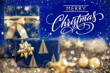 Text Merry Christmas, Christmas Presents, Gold, Blue Winter Decoration