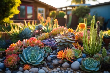Beautiful vibrant colorful succulent garden. Generative AI.