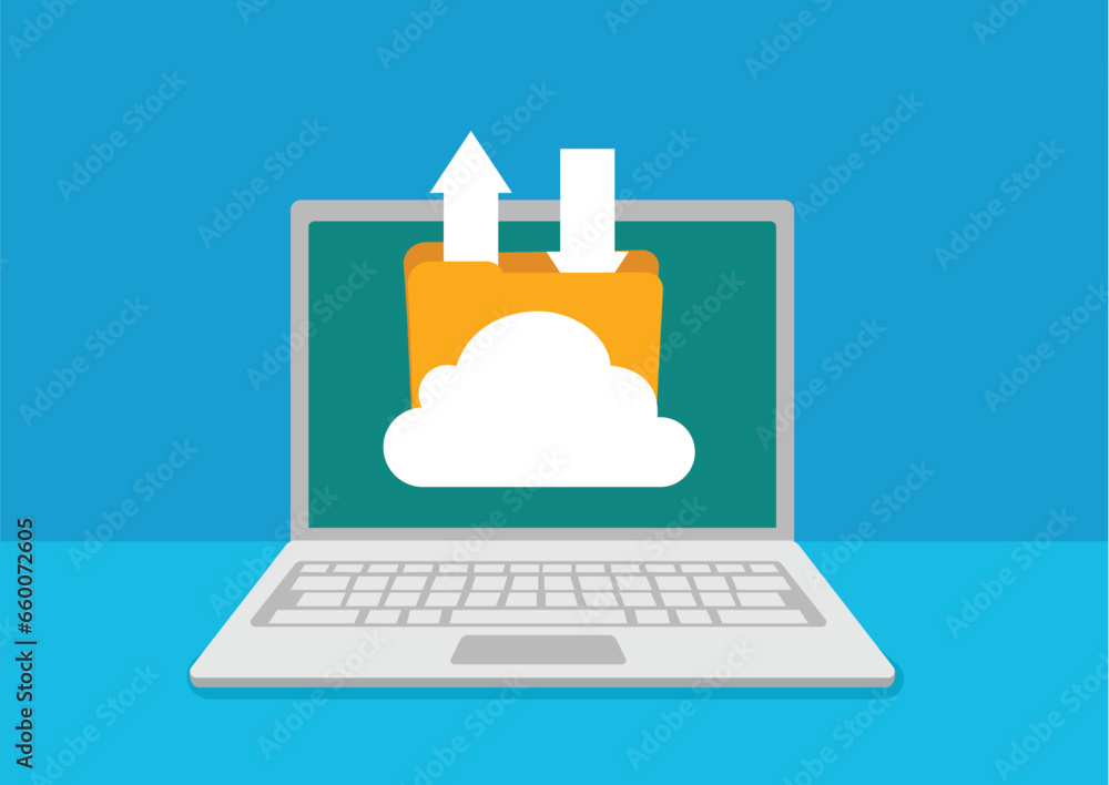 Poster laptop with cloud storage. exchange of information. cloud data storage uploading file on server. hos