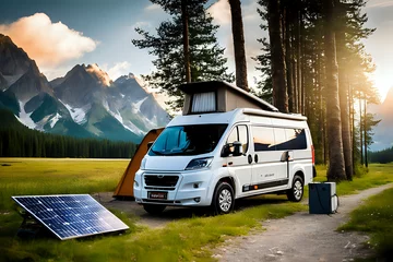 Foto op Plexiglas Solar panel charges RV battery enabling camping in nature. Camper van in the mountains © indofootage