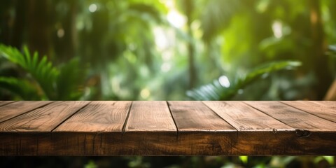 The empty rustic wooden table for product display with blur background of tropical jungle. Generative AI image AIG30. - obrazy, fototapety, plakaty