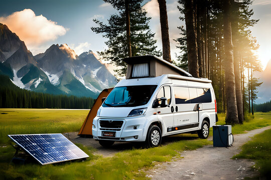 Solar panel charges RV battery enabling camping in nature. Camper van in the mountains